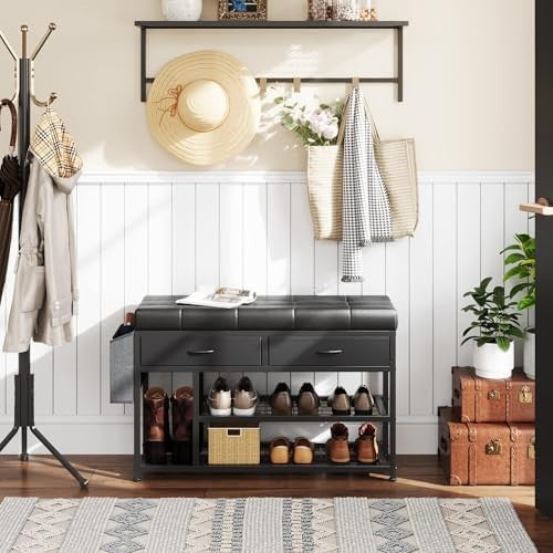 Black Metal Shoe Storage Bench, Cushion Seat & Fabric Drawers Entryway Organizer