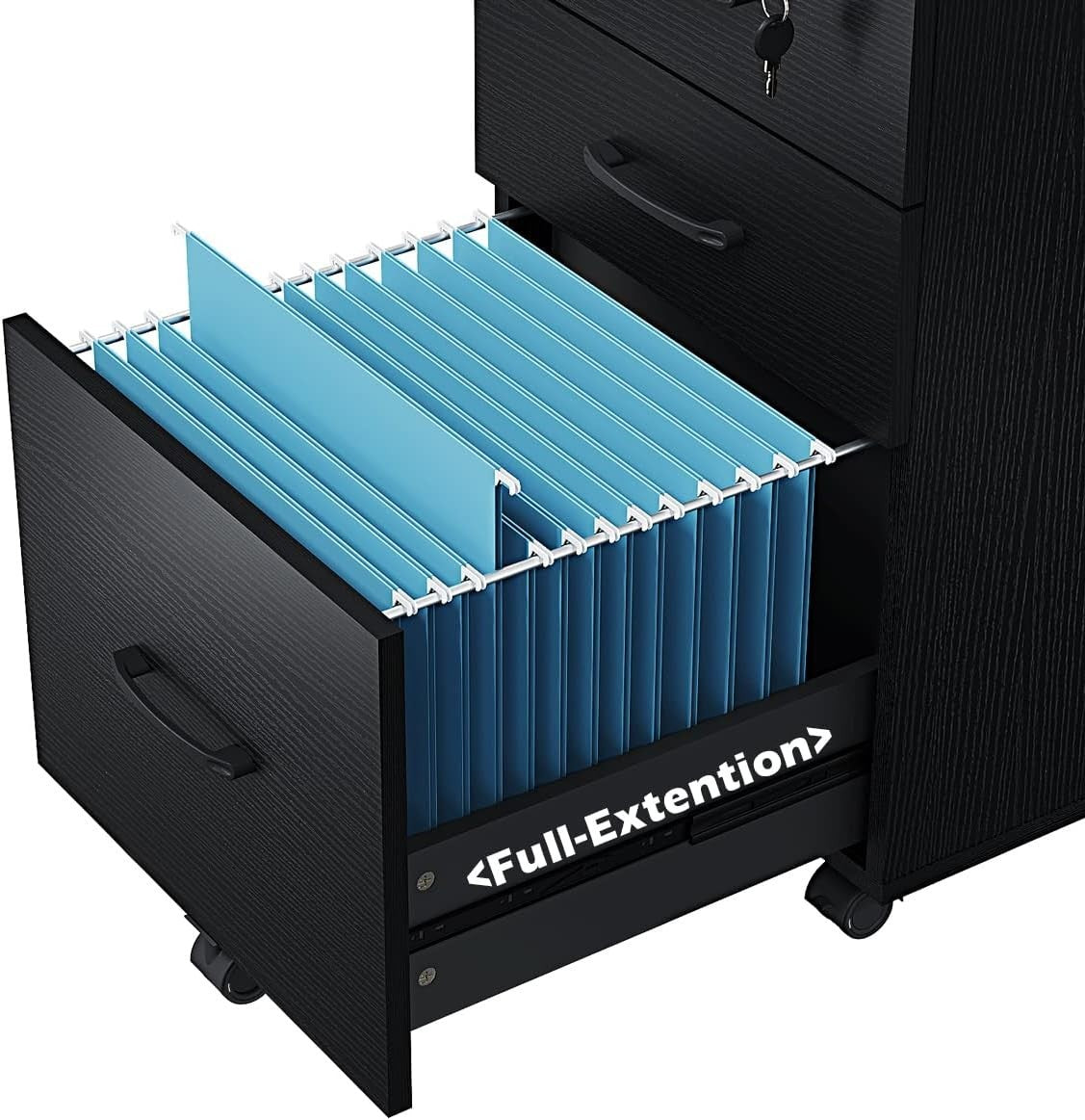 Black Rolling File Cabinet 3 Drawer Locking Under Desk Letter Storage