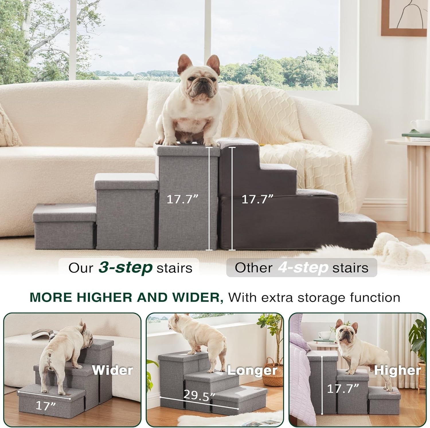 Dog Stairs 3 Step with Storage 18" High Foldable Pet Steps Grey