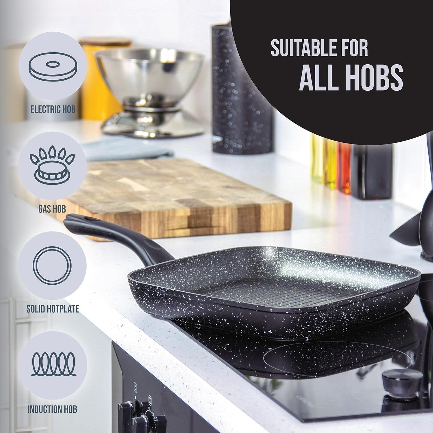 28cm Black Marble Non-Stick Griddle Pan Induction Safe with Cool Touch Handle