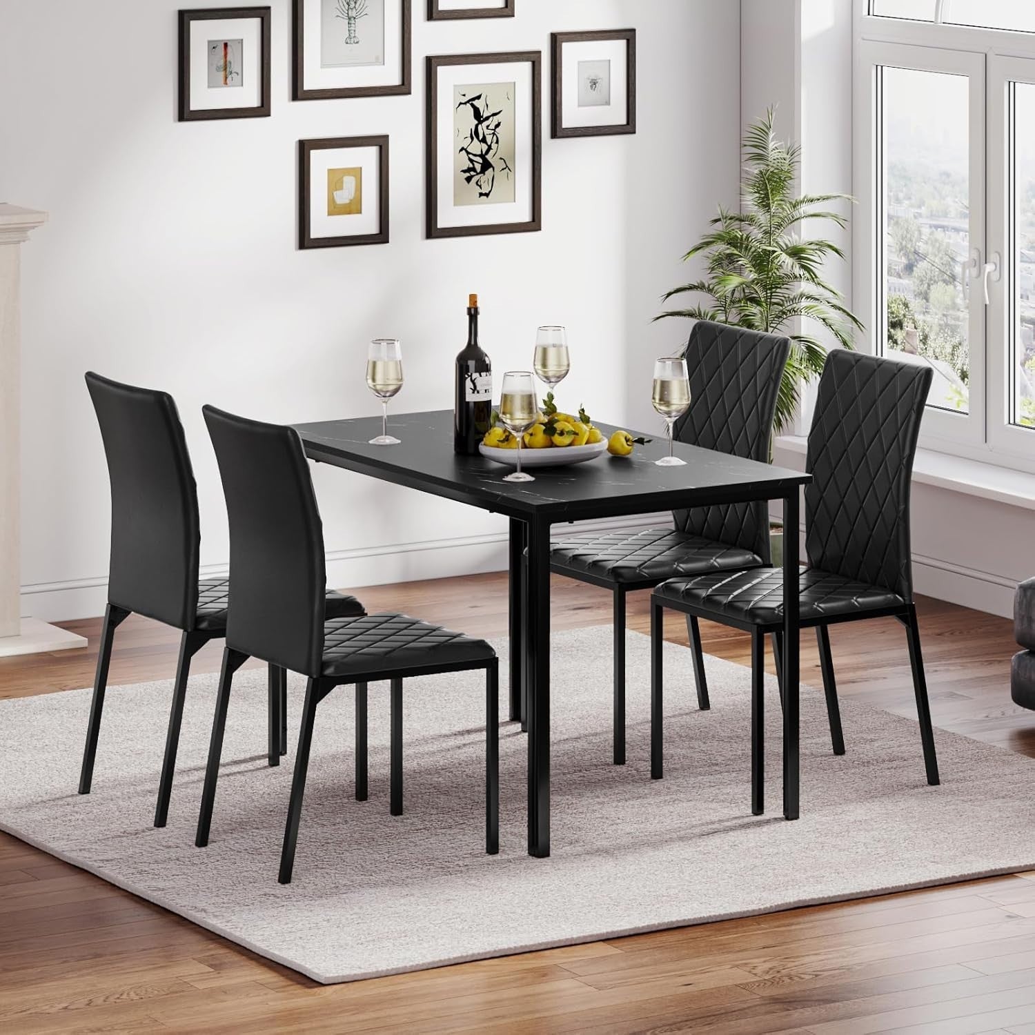 Modern Marble Effect Dining Table Set 4 PU Leather Chairs Kitchen Room