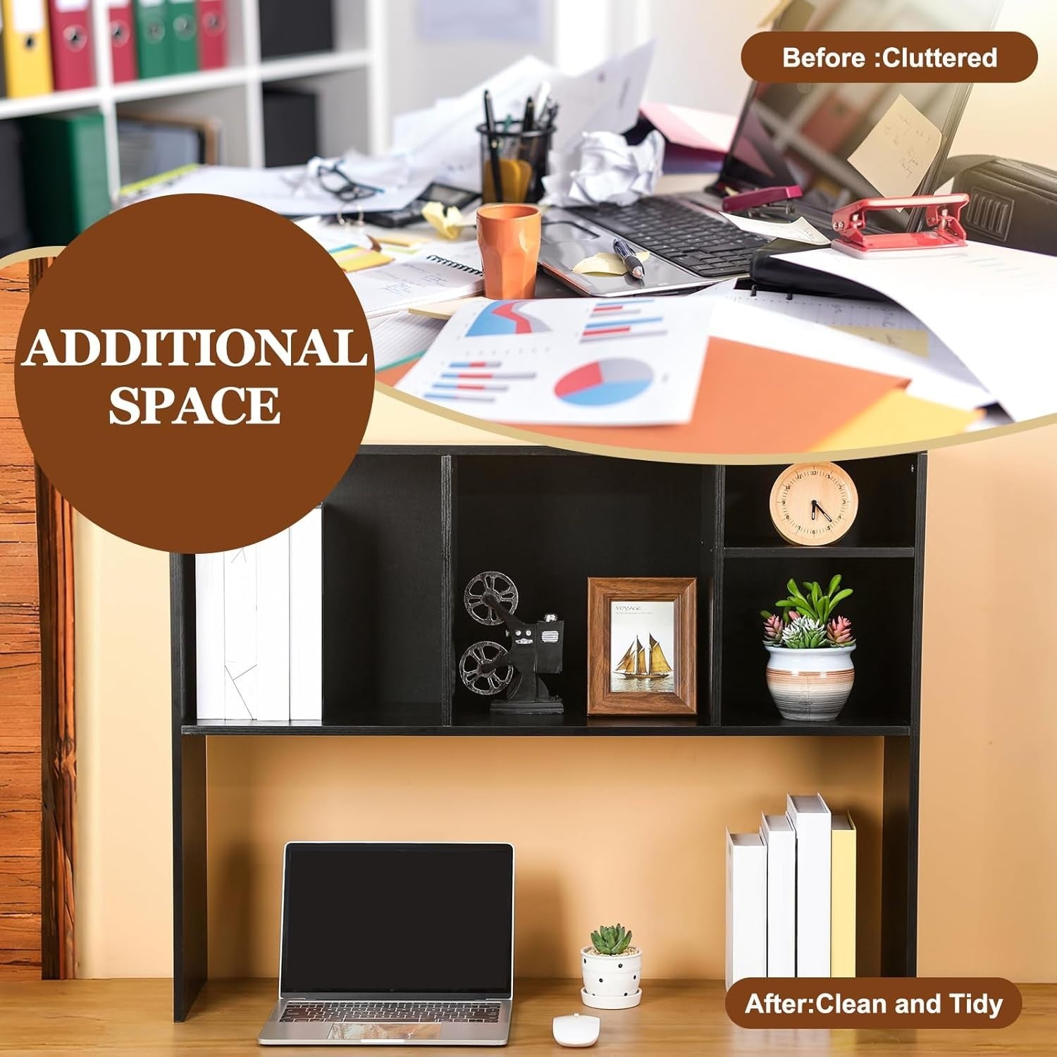 Desk Hutch Bookshelf Organizer 2-Tier Monitor Stand Storage Rack Black