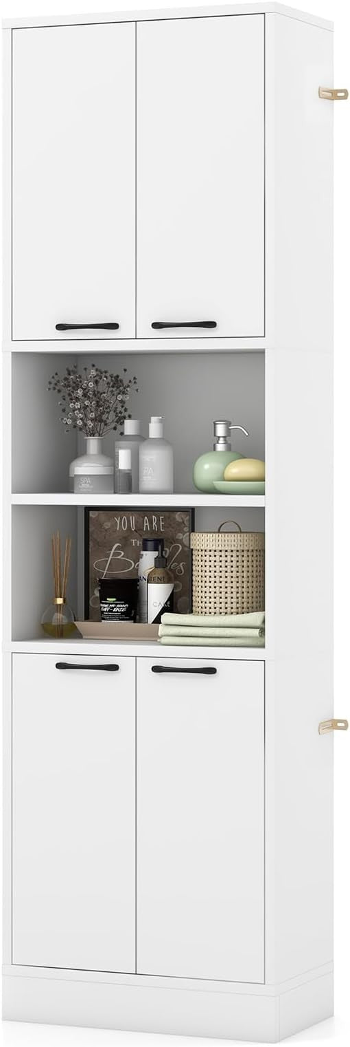 Tall White Kitchen Storage Cabinet 4 Door Freestanding Cupboard with Open Shelve