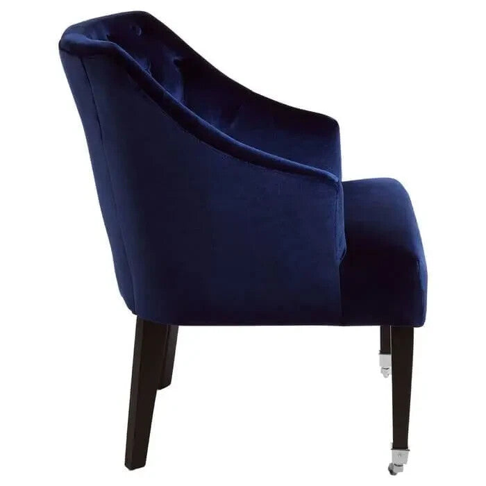 Blue Velvet Accent Chair Tufted Back Armchair with Wooden Legs & Castors