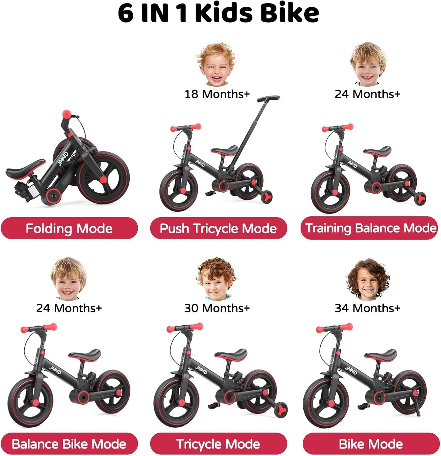 6 in 1 Toddler Bike Balance Pedal Bike Foldable Push Handle Black