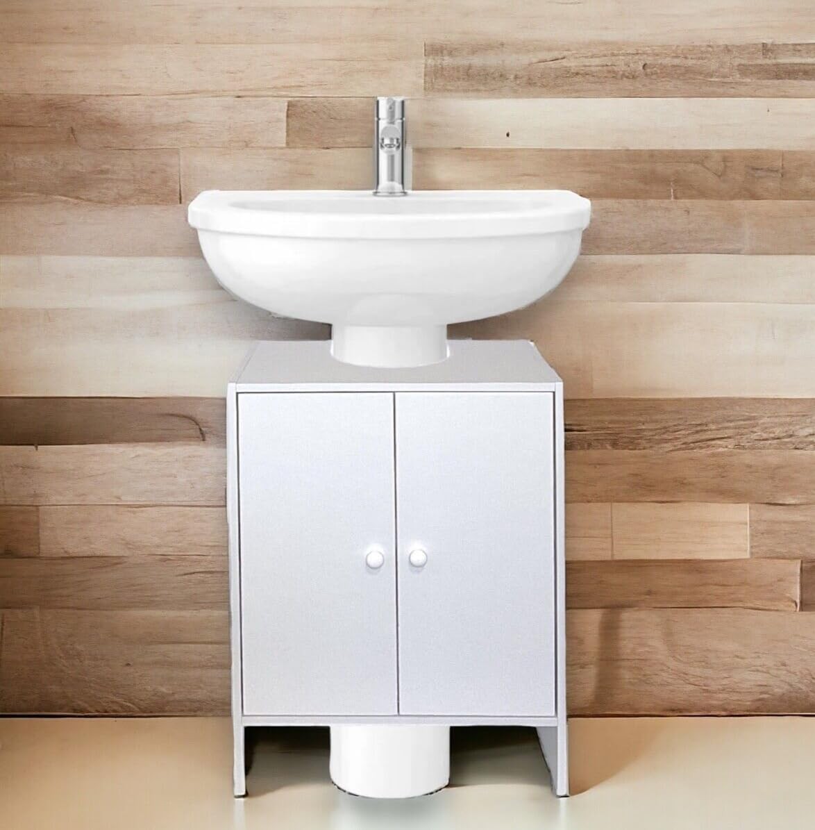 White Under Sink Bathroom Cabinet with Double Doors – Compact Storage Unit