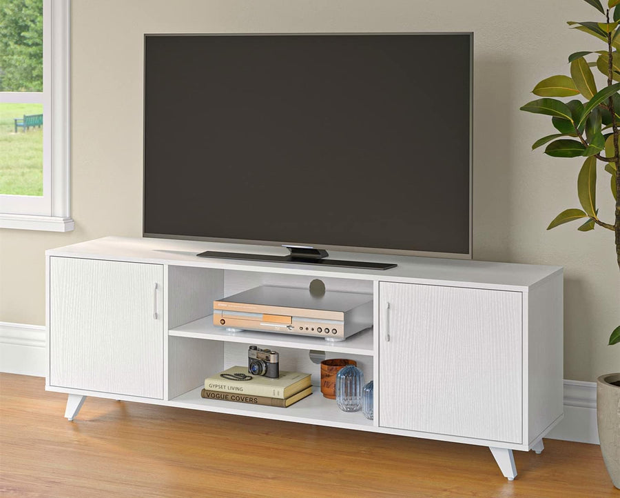 White TV Stand Unit for 70 Inch TV, 2 Doors, Storage Cabinet Shelves