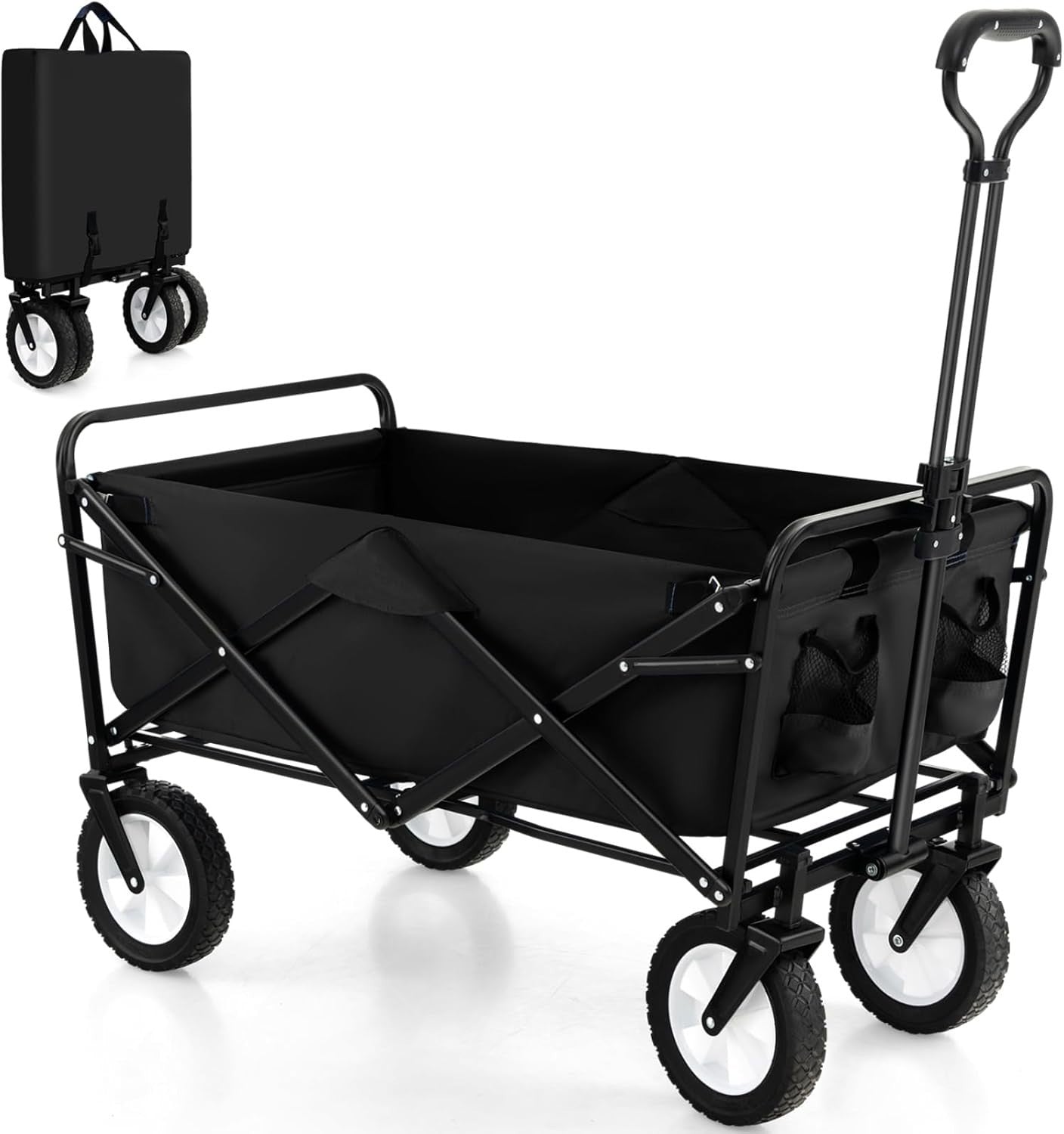 Black Folding Trolley Cart Collapsible Garden Wagon w/ Adjustable Handle & Bag