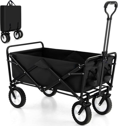 Black Folding Trolley Cart Collapsible Garden Wagon w/ Adjustable Handle & Bag