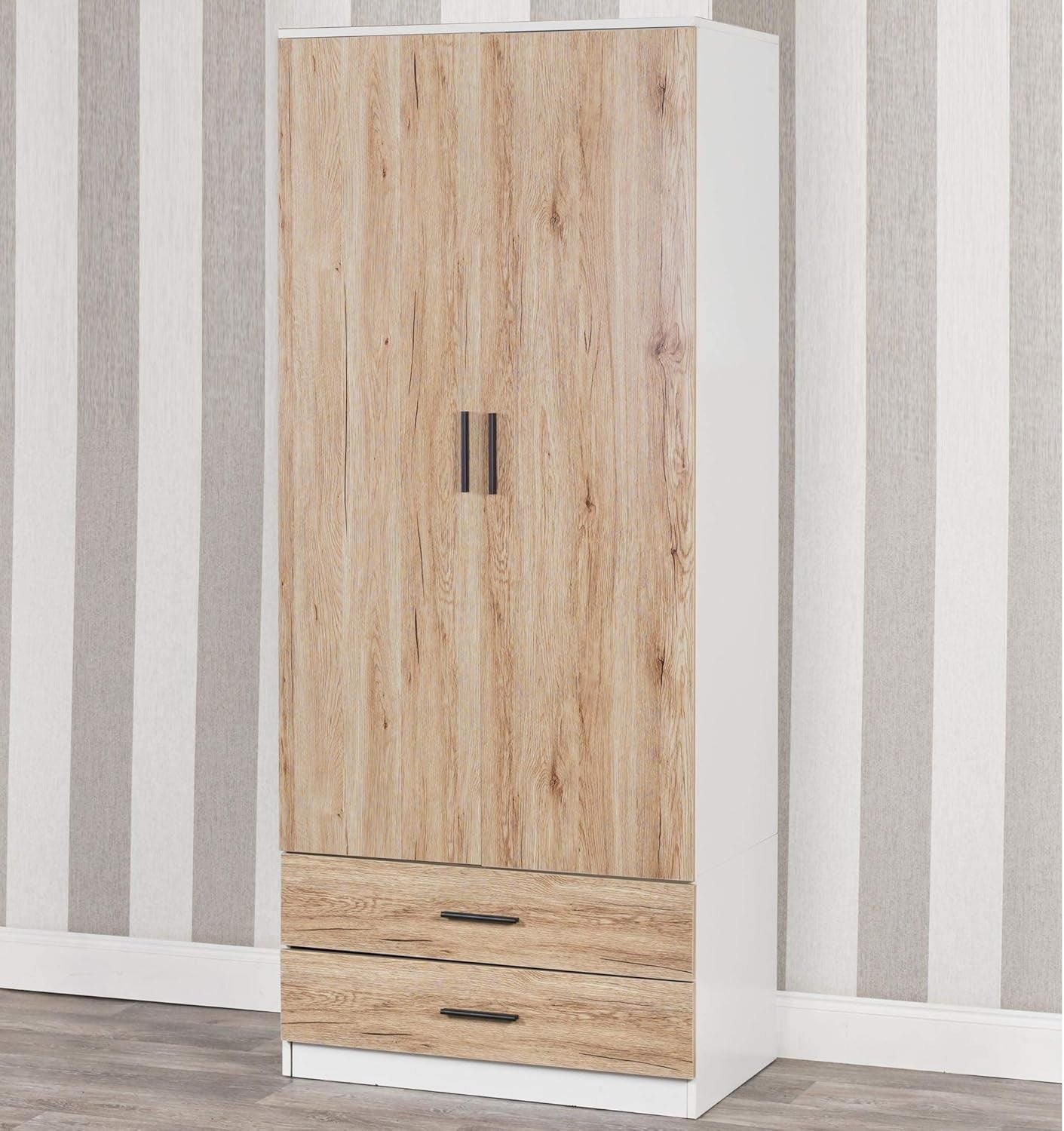 2 Door Wardrobe Oak Drawers Storage Unit With Rail for Bedroom Clothes