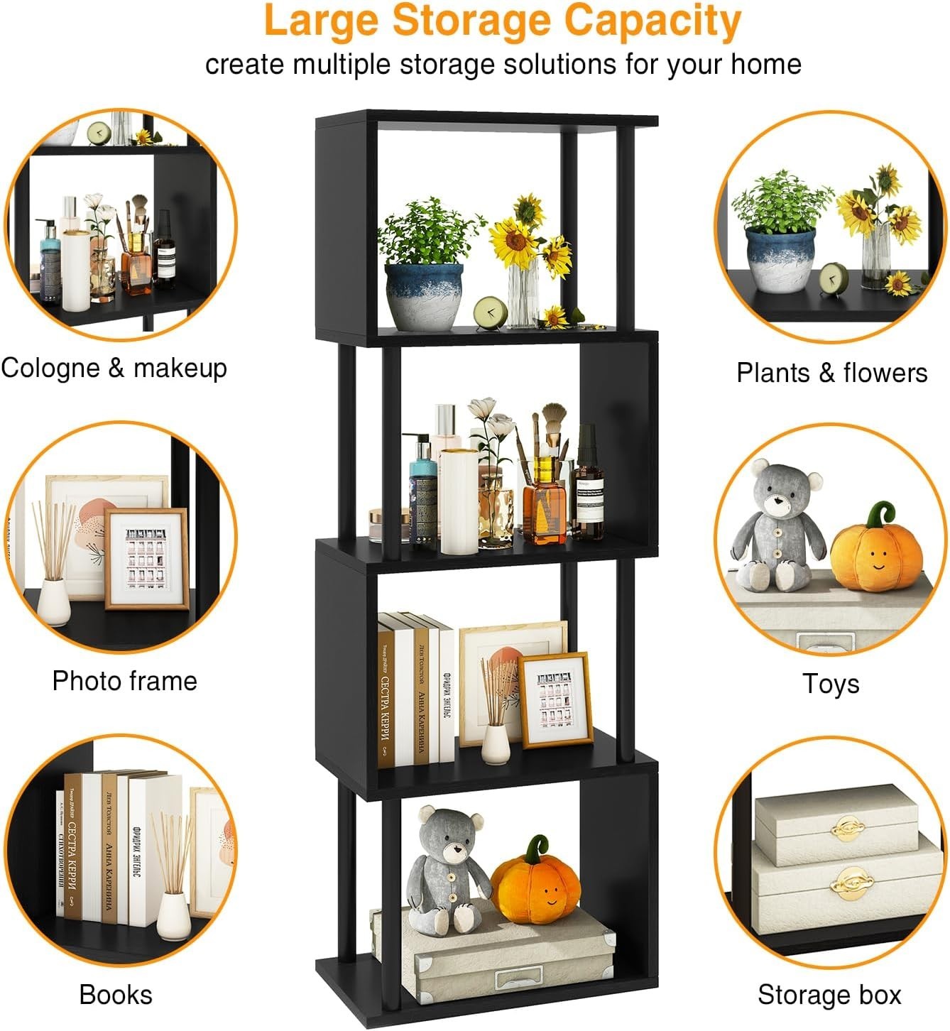 5 Tier S Shaped Bookcase Black Modern Wood Display Storage Shelf 155cm