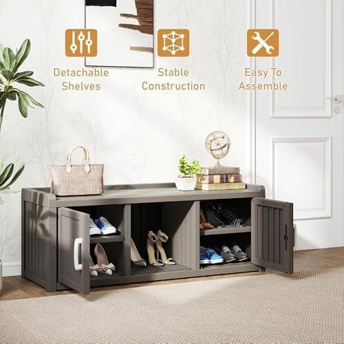 Waterproof Shoe Storage Cabinet Bench 2 Door Resin Unit with Shelves Grey