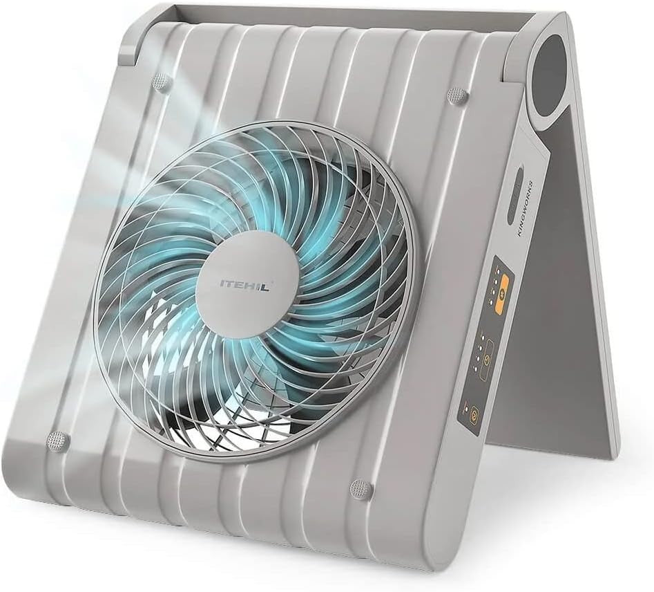 Portable Solar Electric Fan – USB 10000mAh Battery - 4 Speeds, 4 Timers, Gray