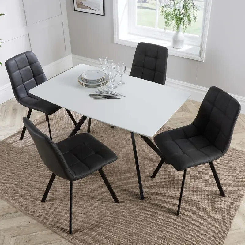 4 Seater Dining Table Set White Top with Grey Fabric Chairs Metal Legs