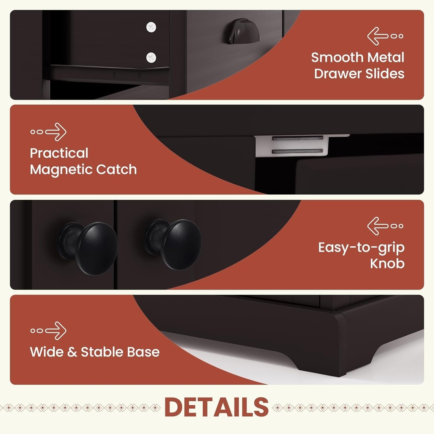 Dark Brown Sideboard Storage Cabinet with Drawers & Adjustable Shelf