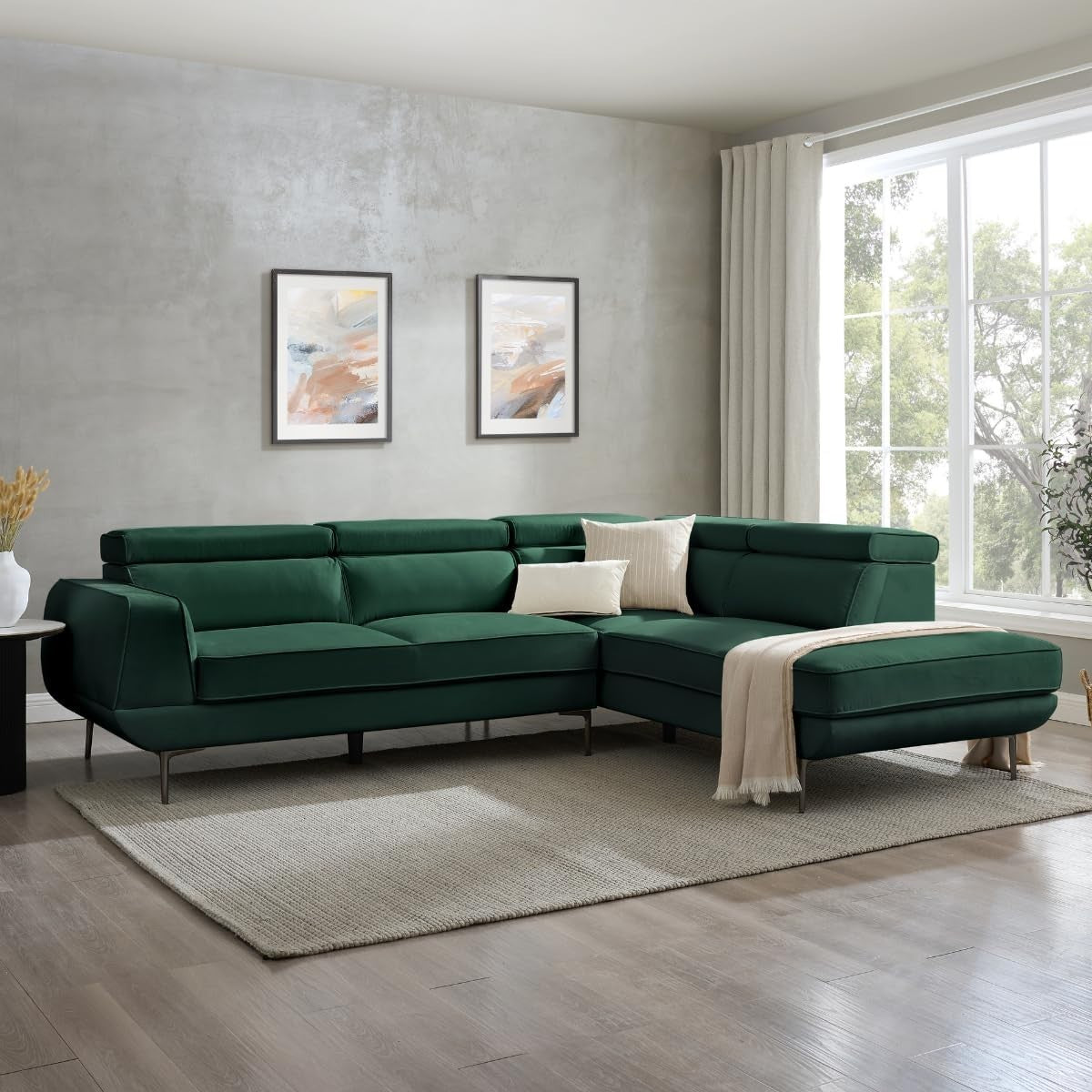 5 Seater L-Shaped Velvet Sofa with Adjustable Headrests & Metal Legs