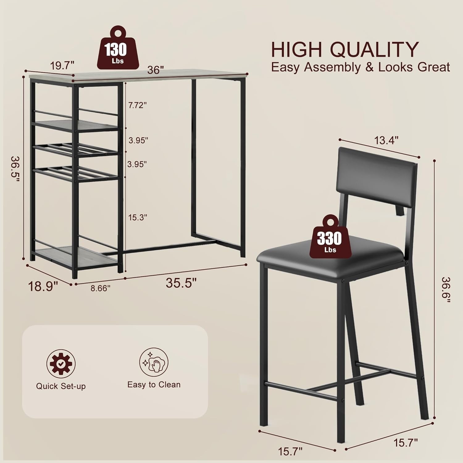Counter Height Dining Table Set Storage Shelves & 2 Chairs Space Saving Home Set