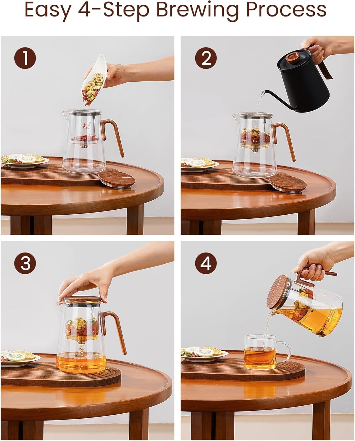 Magnetic Glass Teapot 1000ml Tea Pot w Infuser Walnut Handle Lid
