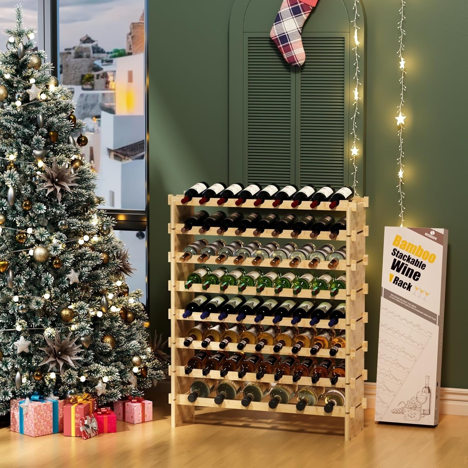 69 Bottle Wine Rack Floor Standing Natural Bamboo 8-Tier Stackable Storage Shelf