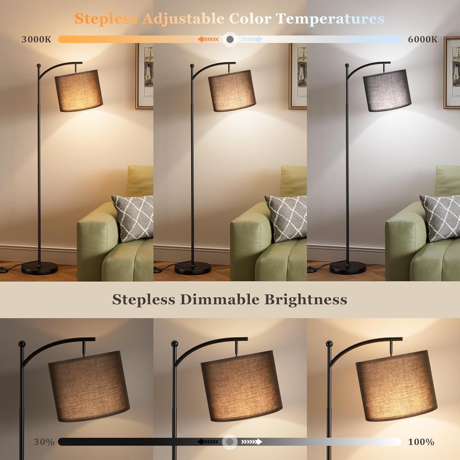 Black Arc Floor Lamp Dimmable LED Remote Control Modern Standing Light