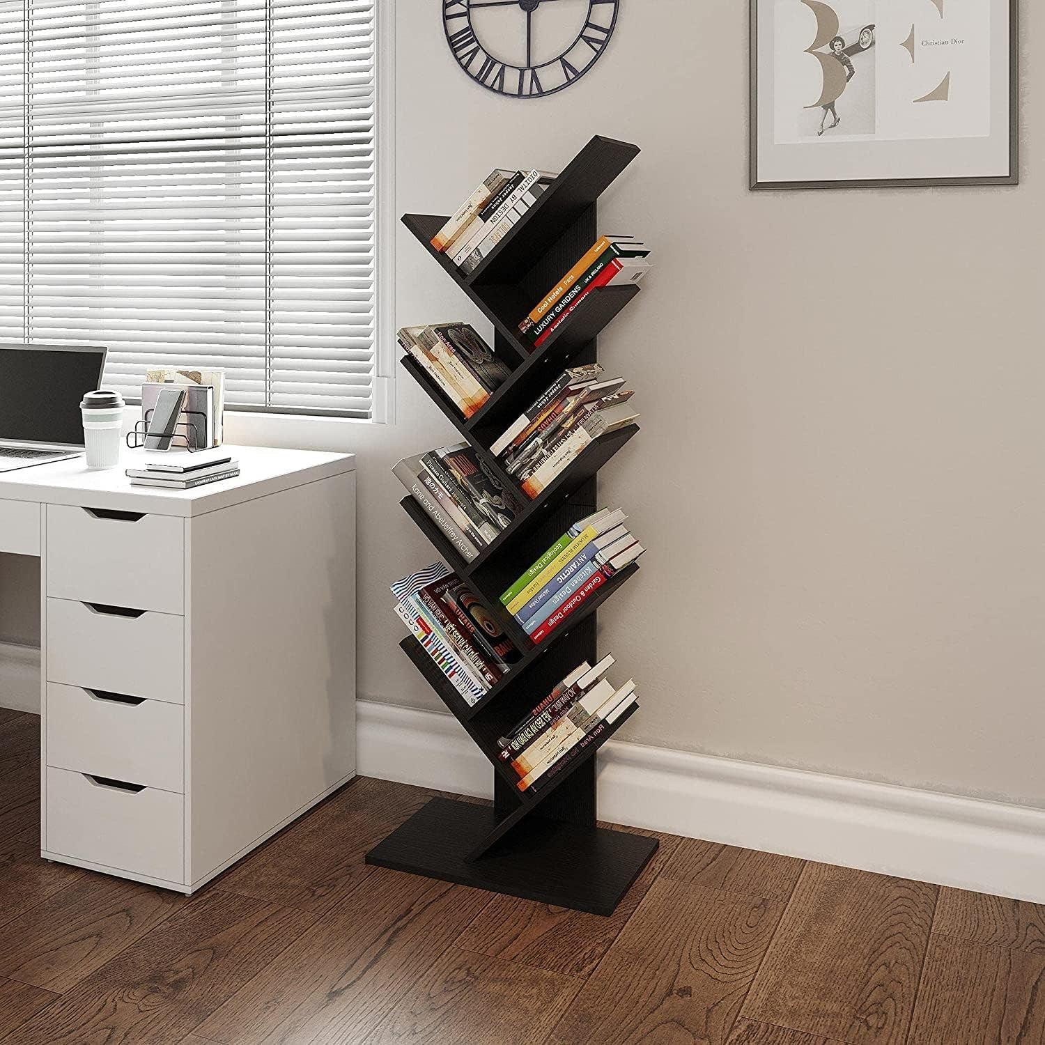 Tall Black Tree Bookshelf | 9-Tier Modern Space-Saving Bookcase for Living Room