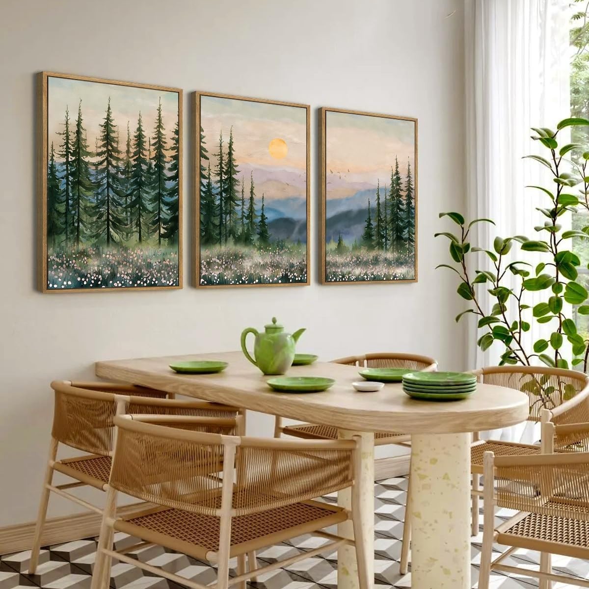 Boho Sunset Forest Framed Canvas Wall Art Set 3 Green Pine Mountain Decor