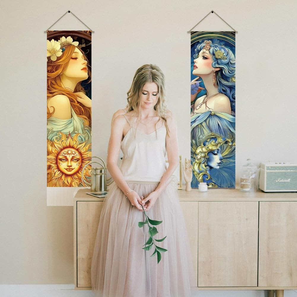 Boho Sun Moon Woman Tapestry 2pcs 45.7x13in Vertical Wall Decor