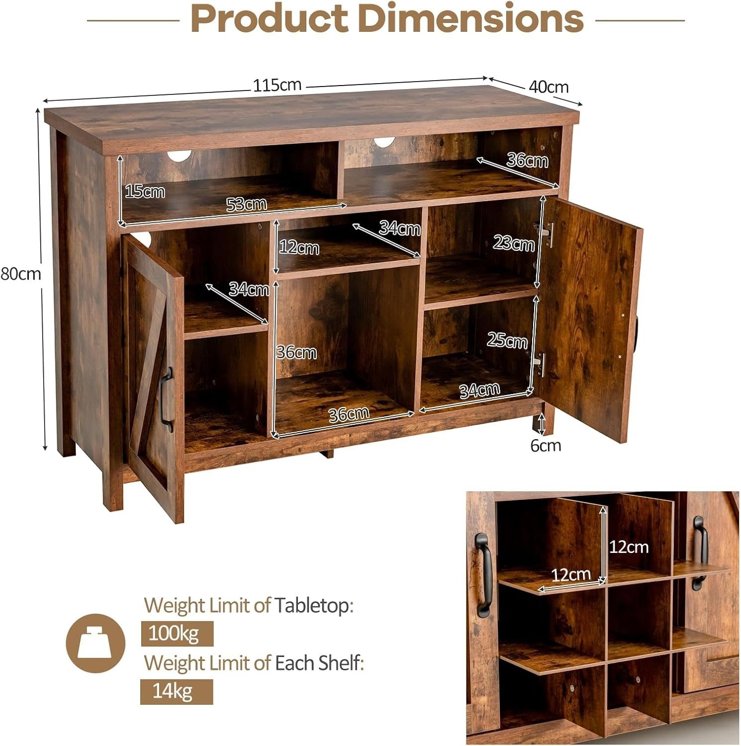 Rustic Buffet Sideboard Drinks Cabinet with 9-Bottle Wine Rack & Adjustable