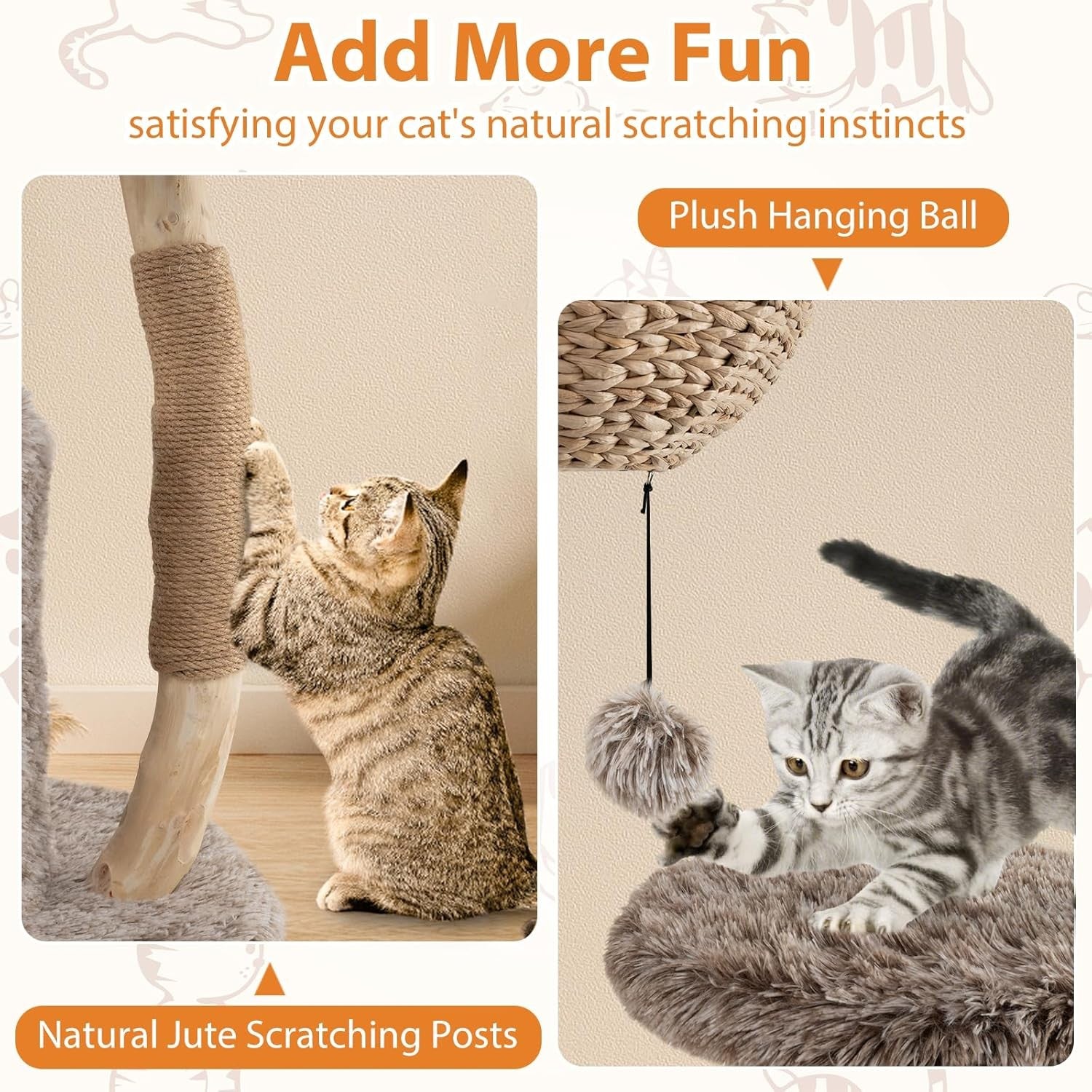 105cm Wooden Cat Tree Multi Level Tower with Basket Perch & Jute Scratching
