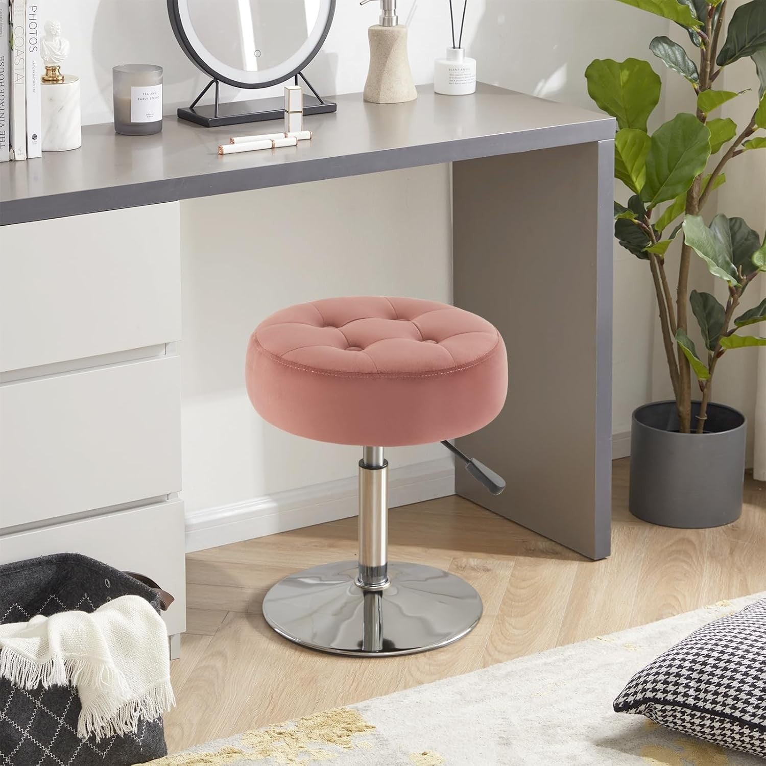 Pink Velvet Swivel Vanity Stool – Adjustable Tufted Round Makeup Chair Chrome