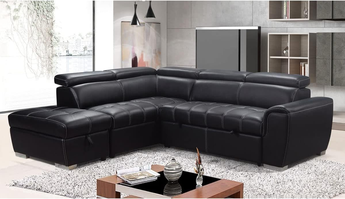 Black Leather Corner Sofa Bed w/ Storage Ottoman – L Shape, Left Hand,4-5 Seater