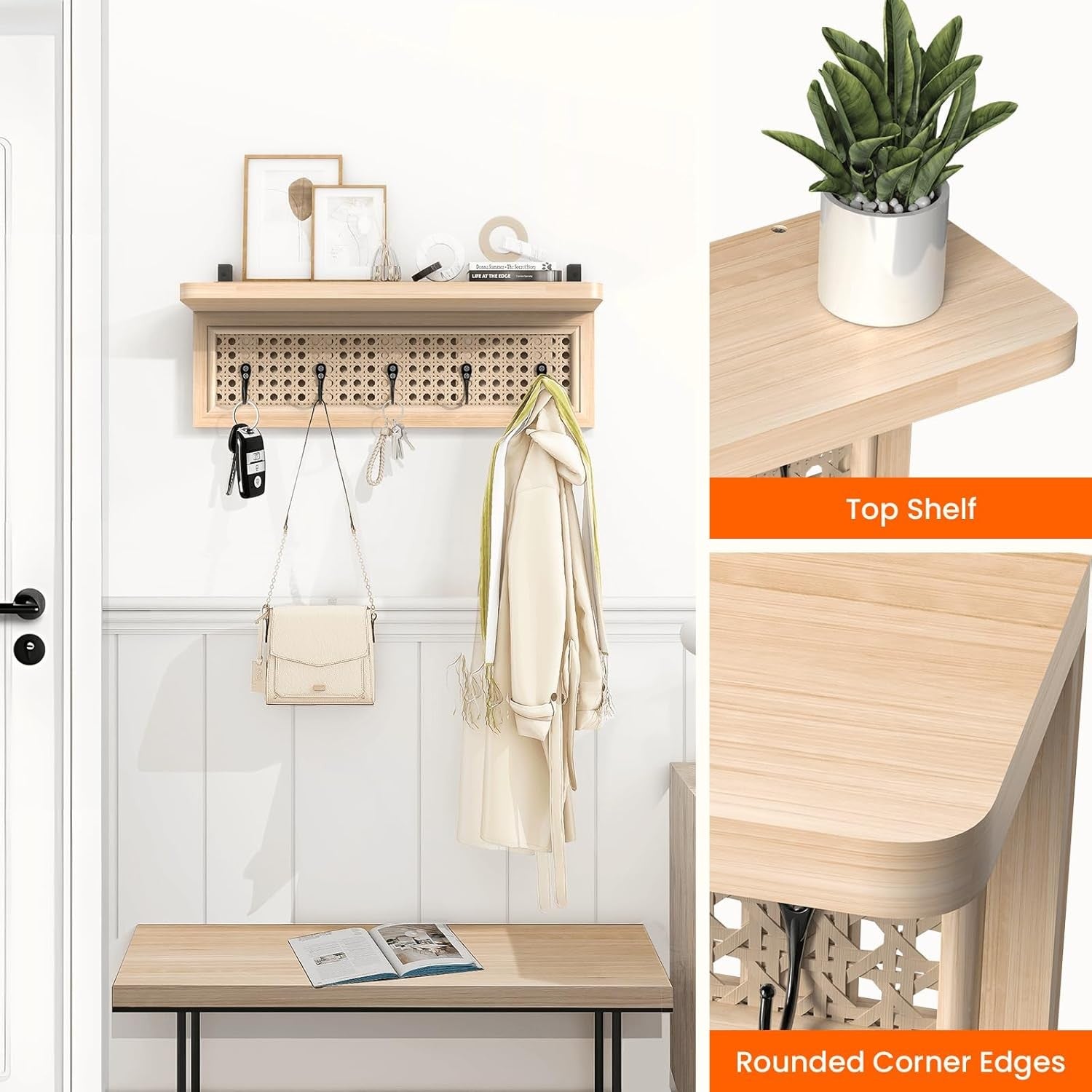 Boho Rattan Wall Shelf with 5 Hooks Natural Wood Floating Entryway Rack
