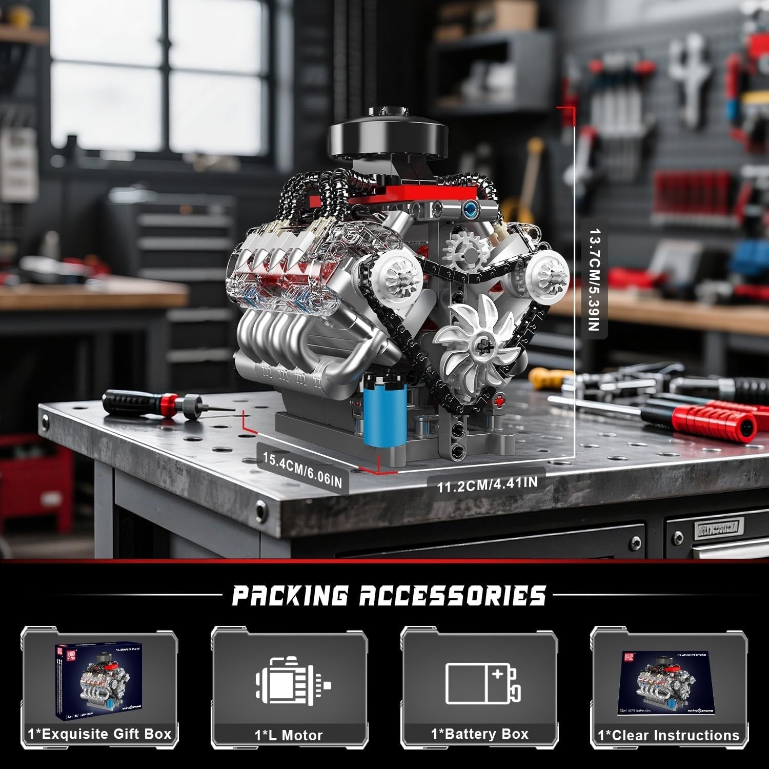 Realistic DIY V8 Engine Model Kit - 487pcs STEM Toy, Moving Parts, Kids & Adults