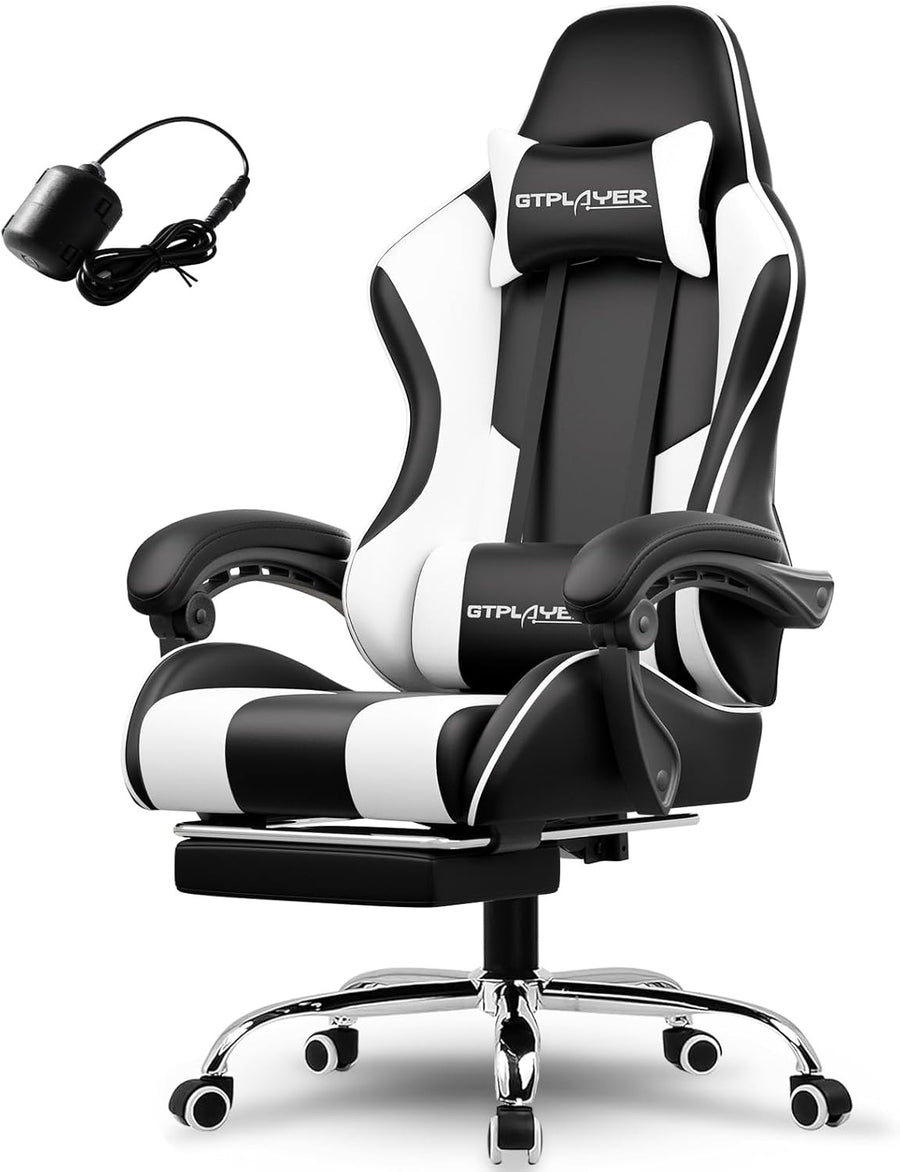Massage Gaming Chair w Footrest Ergonomic Swivel PC Desk Chair