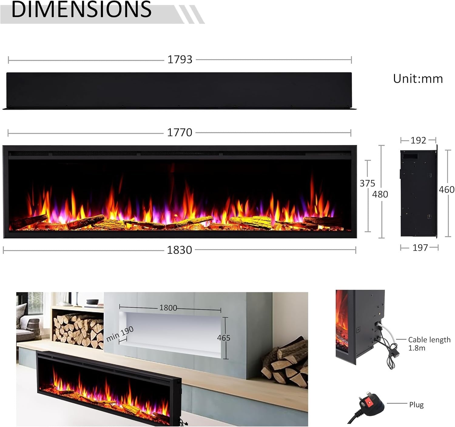72" Smart Electric Fireplace Inset WiFi Alexa Flame Media Wall Feature