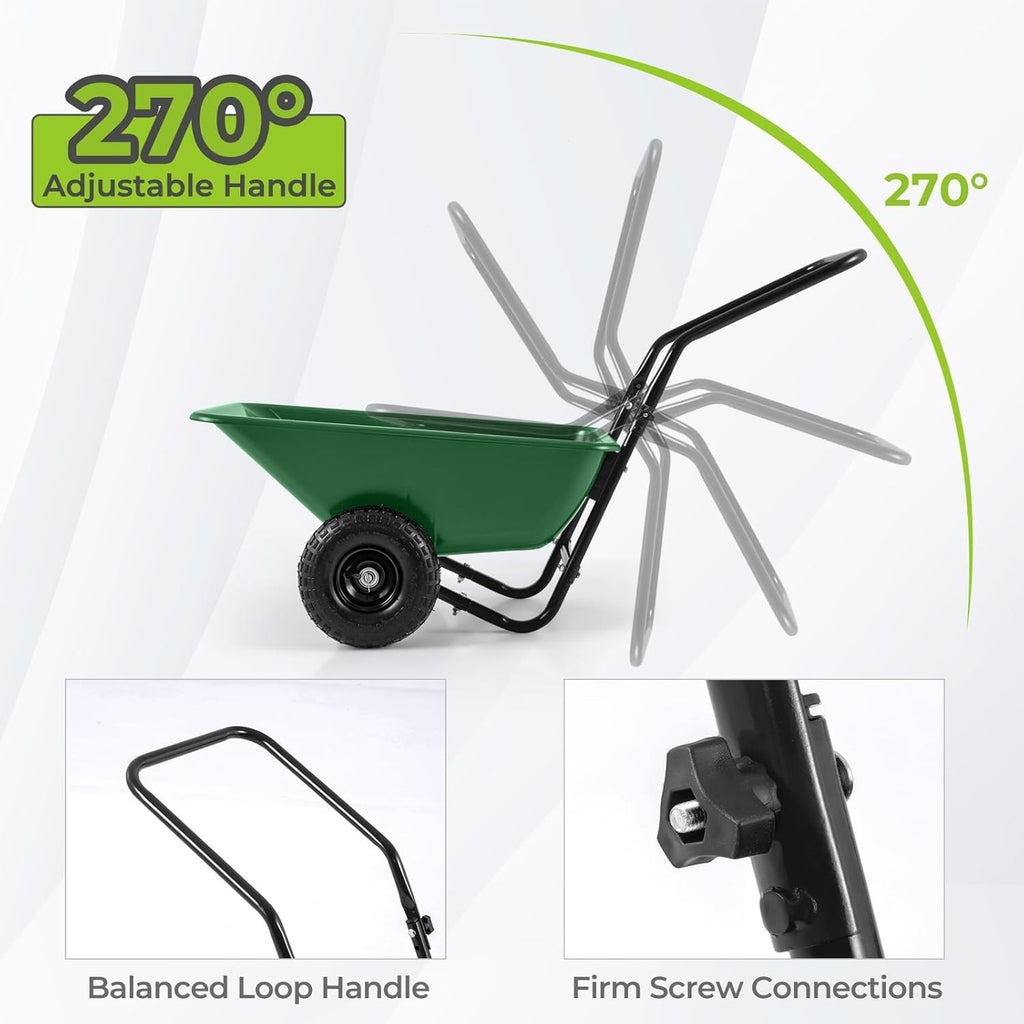 80L 2-Wheel Wheelbarrow Green+Black – Pneumatic Tyres w/ Adj Handle 100kg Cap