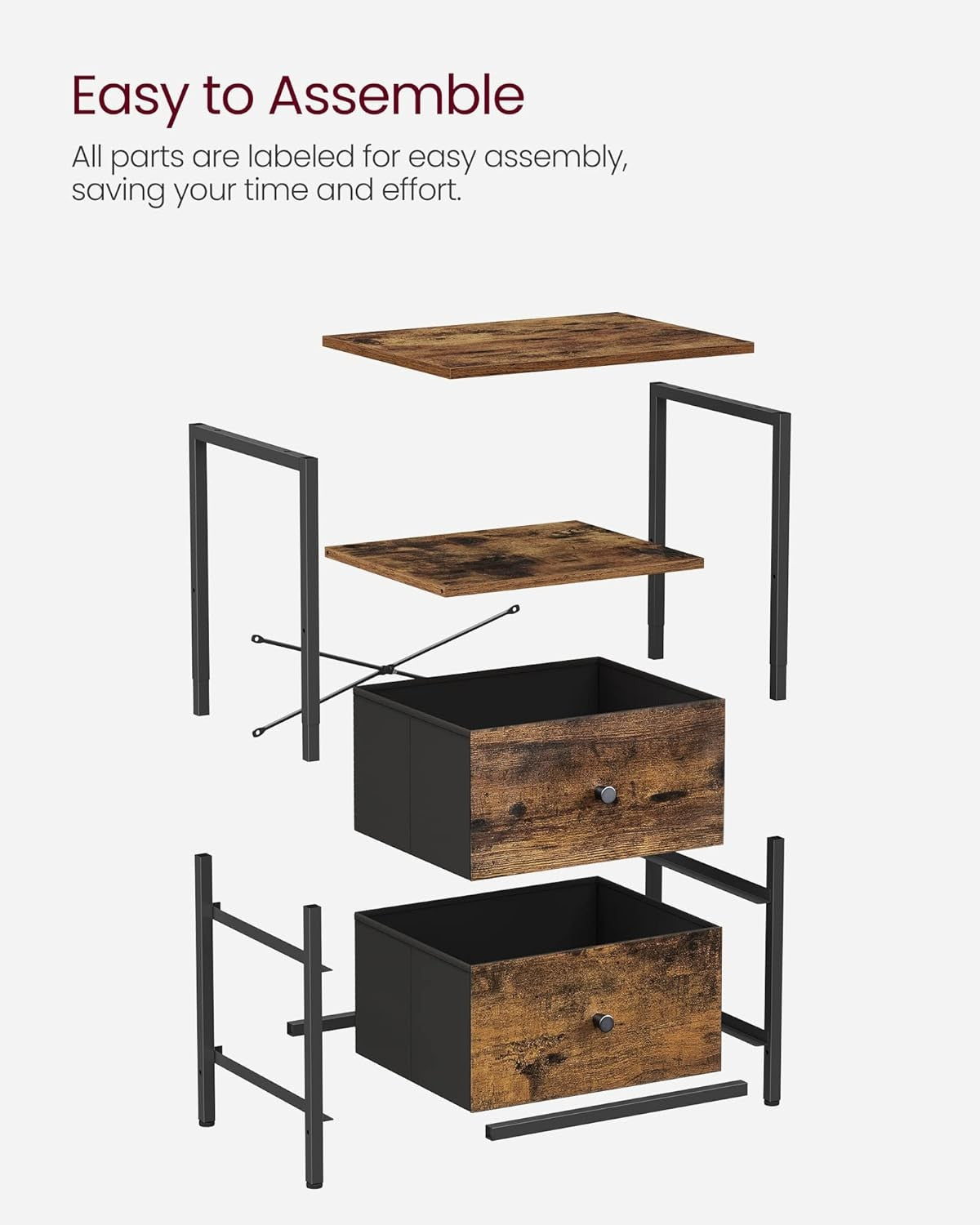 Rustic Tall Bedside Table with 2 Fabric Drawers & Open Shelf, Industrial Style