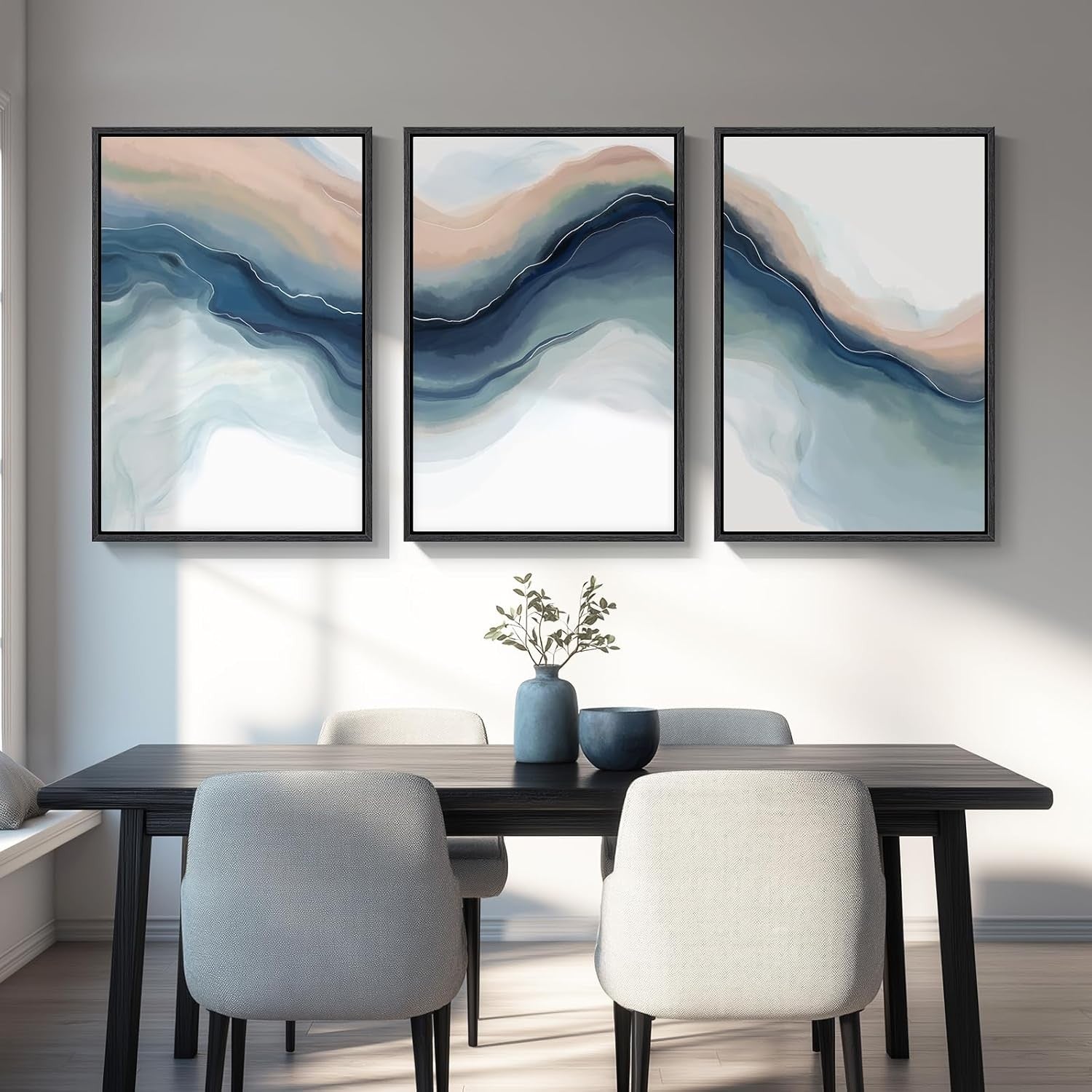3-Piece Blue Abstract Landscape Canvas – Large Modern Wall Art 24x36in