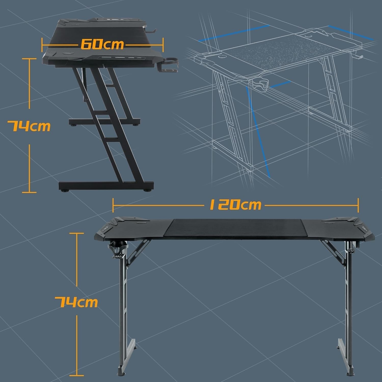 Gaming Desk w/LED, 120×60cm Carbon Fiber Computer Table, Black Z-Frame
