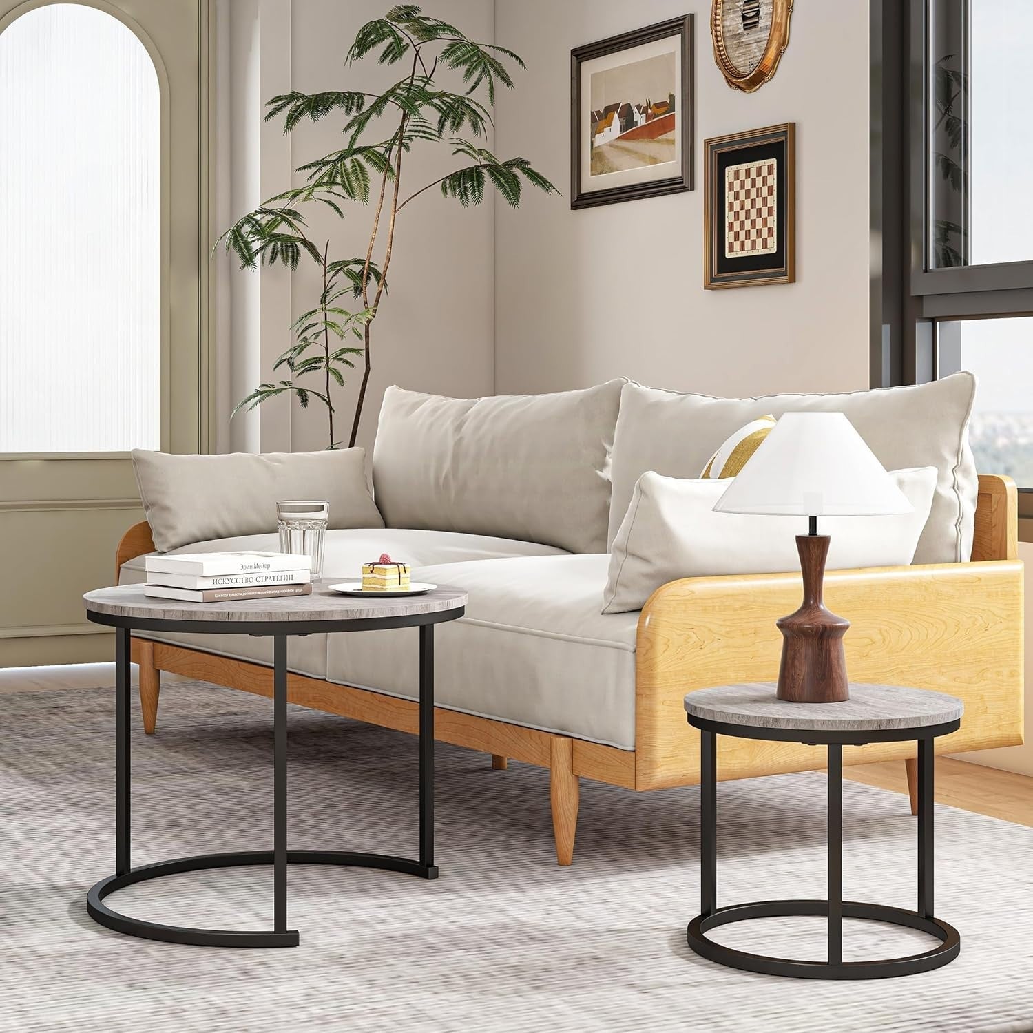 Round Nesting Coffee Table Set of 2 – Modern Space-Saving Side Tables, Metal