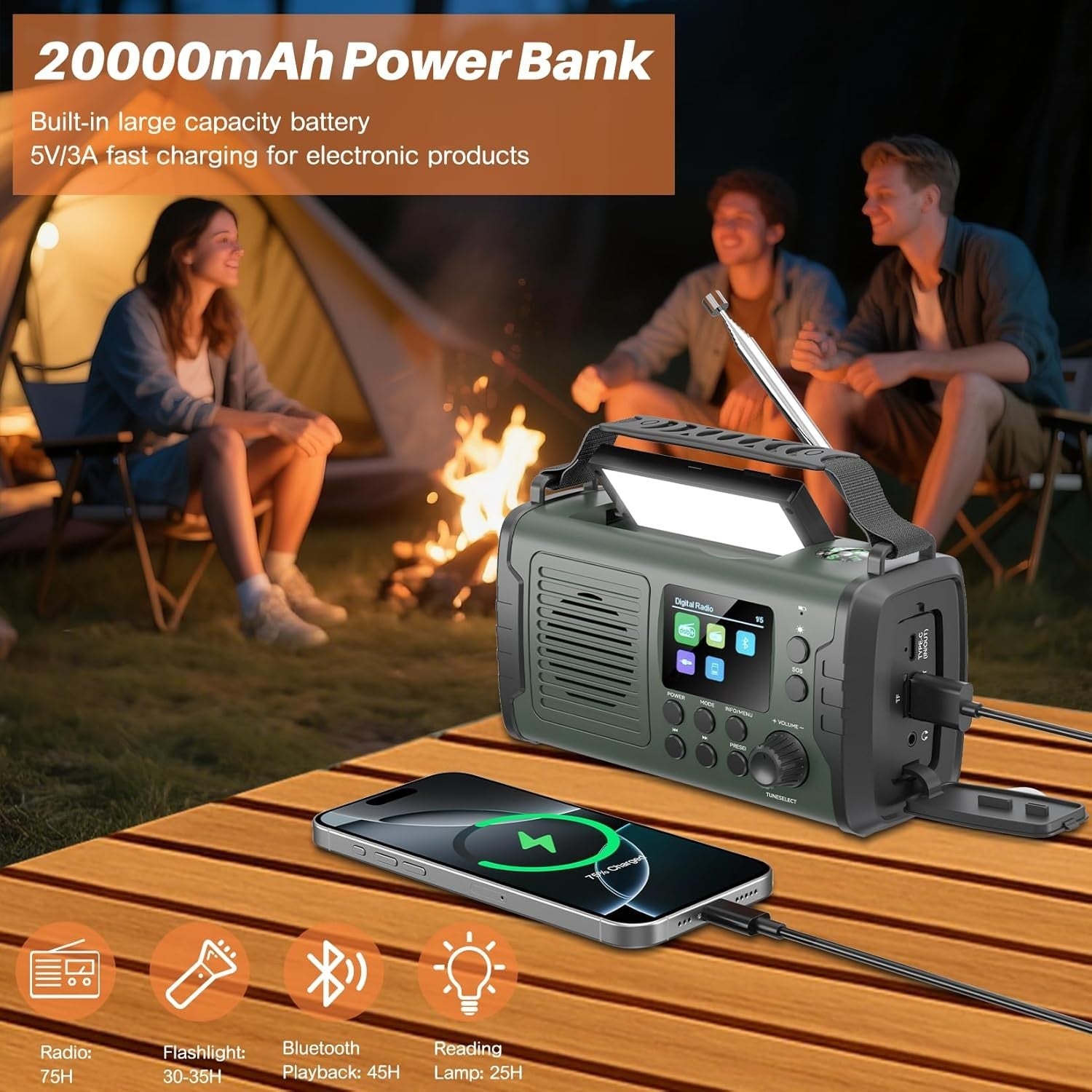 20000mAh Emergency Solar Hand Crank Radio with DAB/FM & Bluetooth