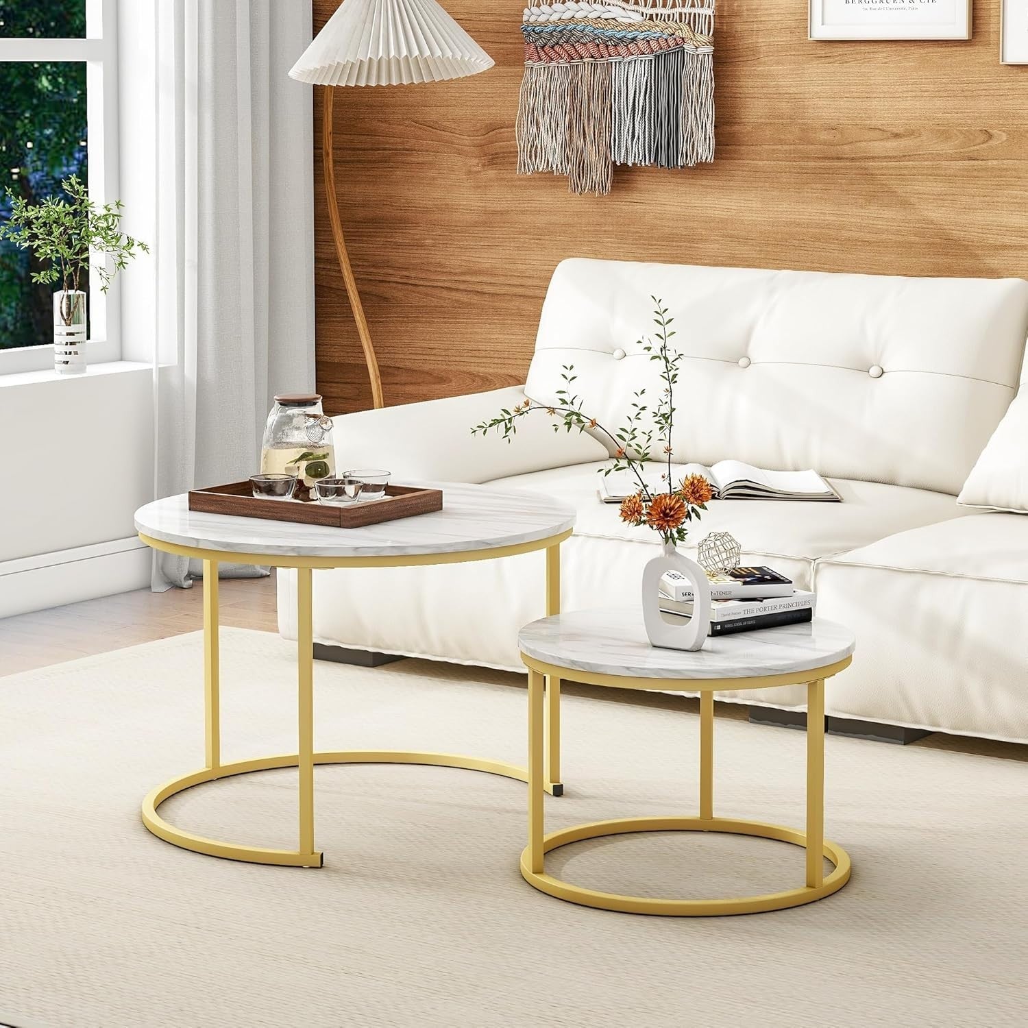 Nesting Coffee Tables Set of 2 Round Side End Table Stacking Living Room Gold Wh
