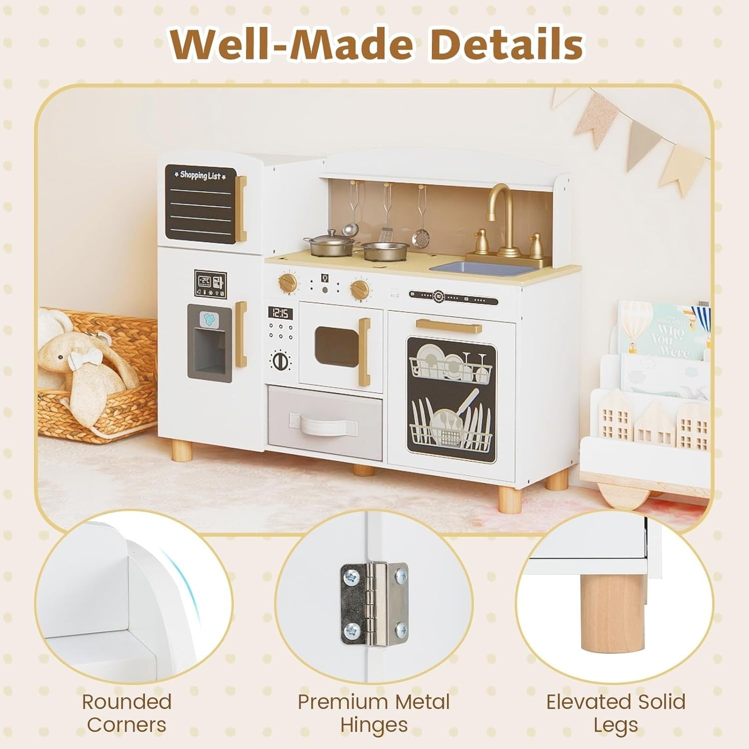 Wooden Kids Play Kitchen White w/ Ice Maker Sink Blackboard Set