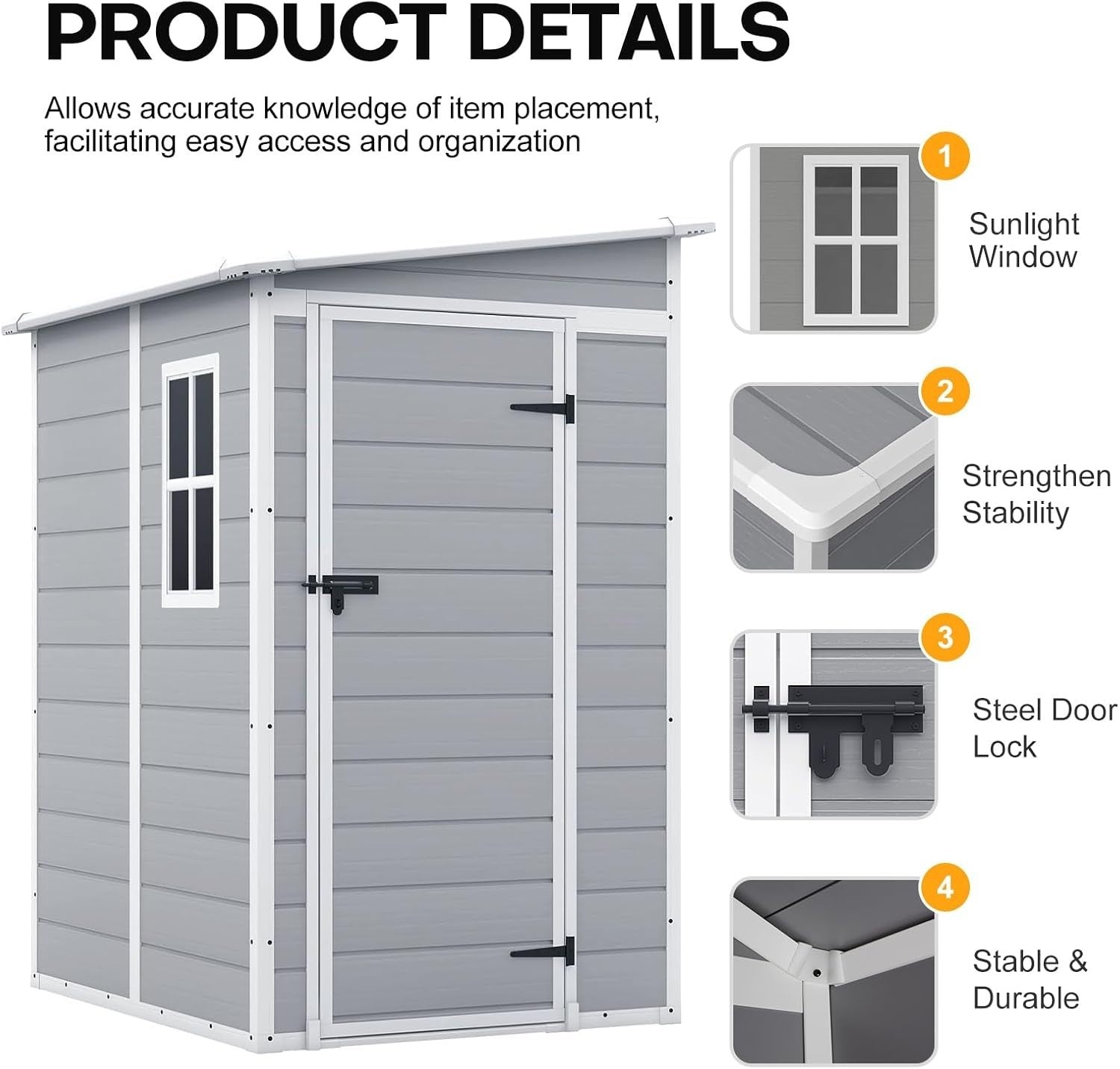 Plastic Garden Storage Shed 4.6x4ft Waterproof Outdoor Tool Shed with Floor Grey