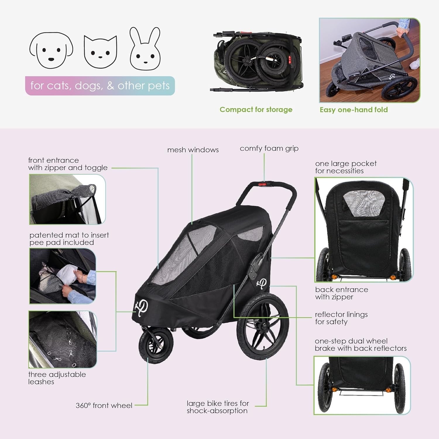 Dog Bike Trailer Jogger Stroller Large Foldable Air Tires Rain Cover