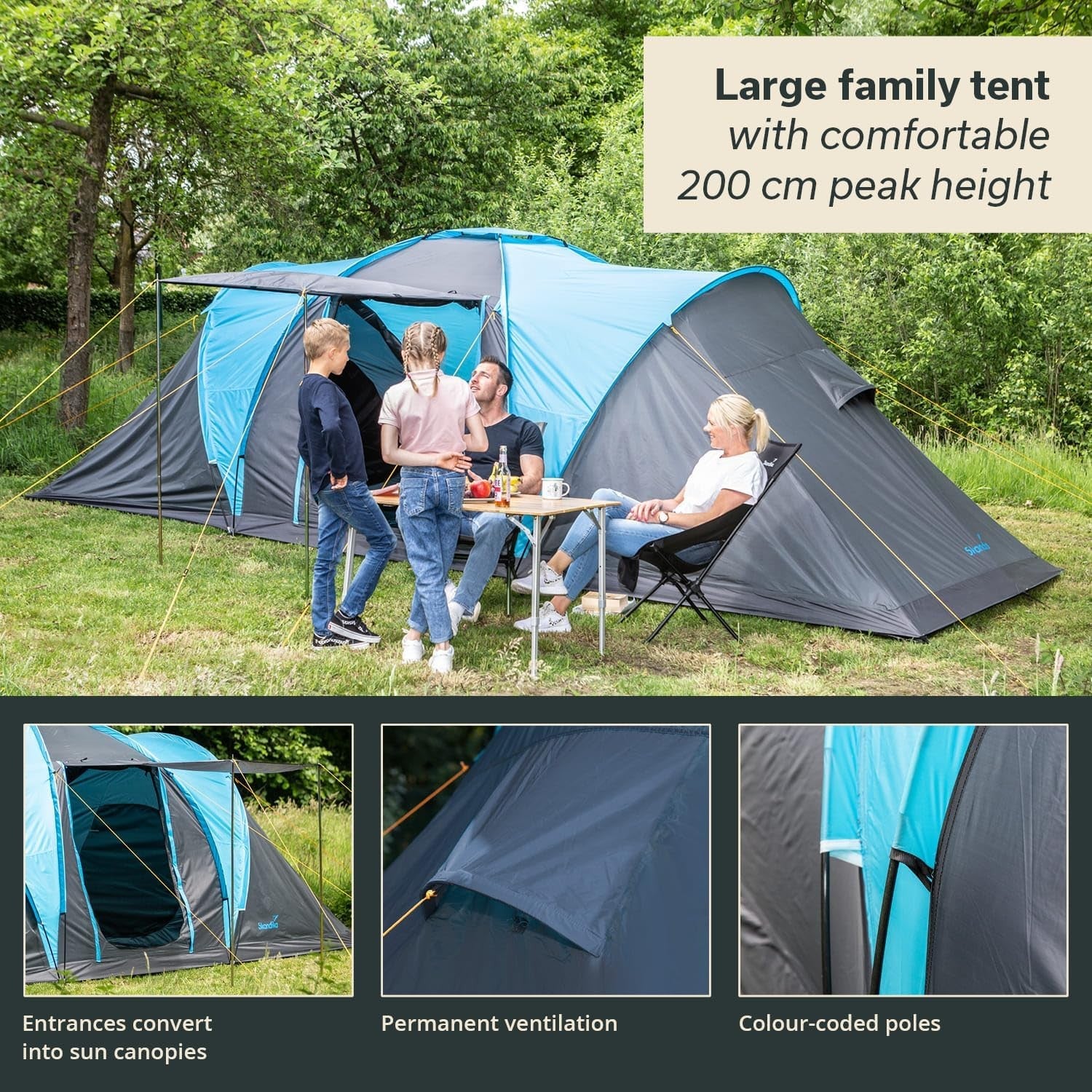 4 Person Family Dome Tent 2 Sleeping Cabins 200cm Height