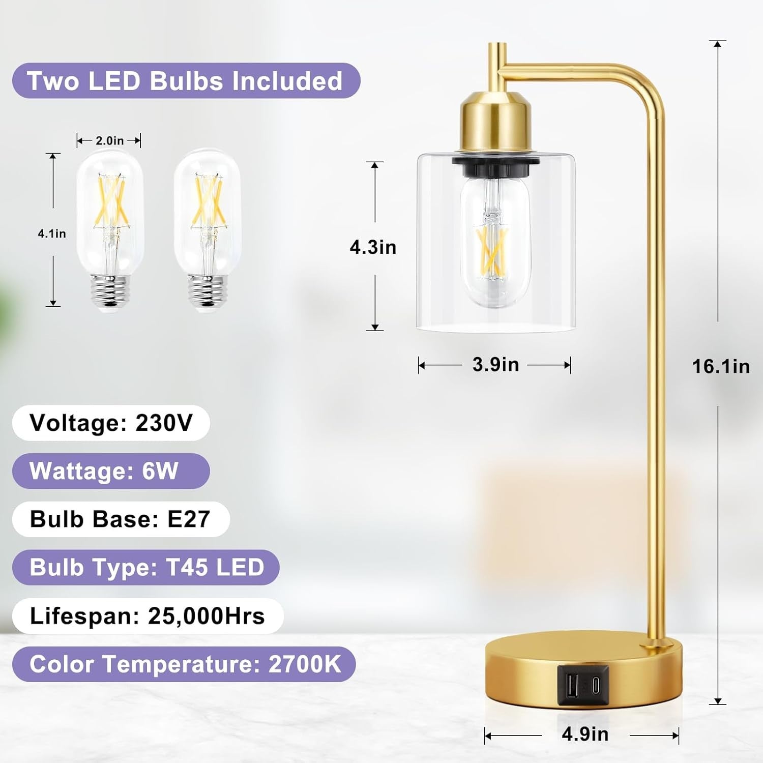 Gold Touch Bedside Lamps Set of 2 USB C+A Dimmable Clear Glass