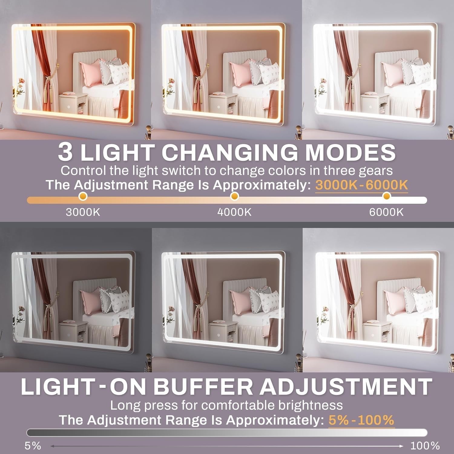 LED Makeup Mirror 100x70cm Touch Dimmable 3 Color Lights Table/Wall