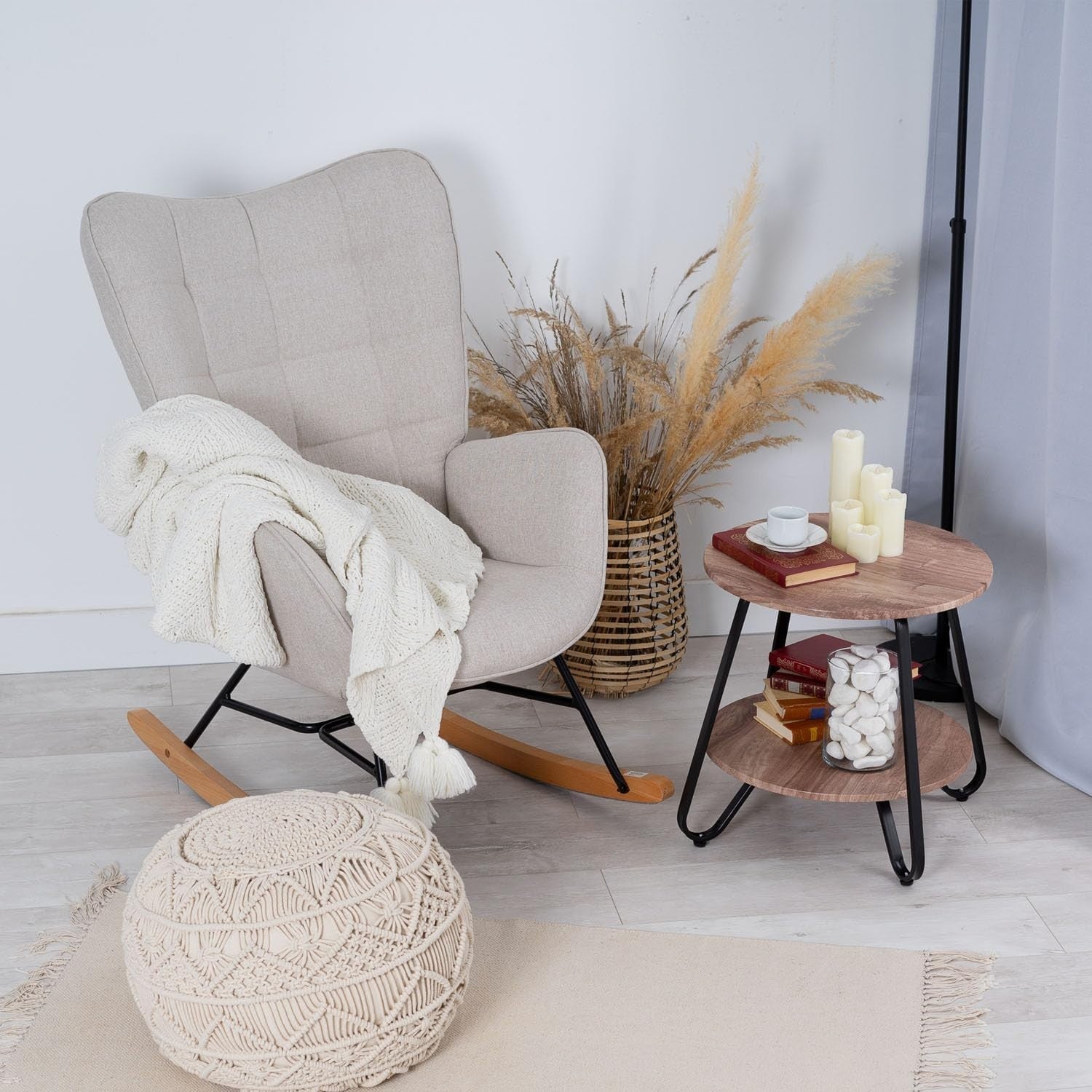 Beige Rocking Chair for Nursery w/ High Back, Comfy Fabric & Metal Legs