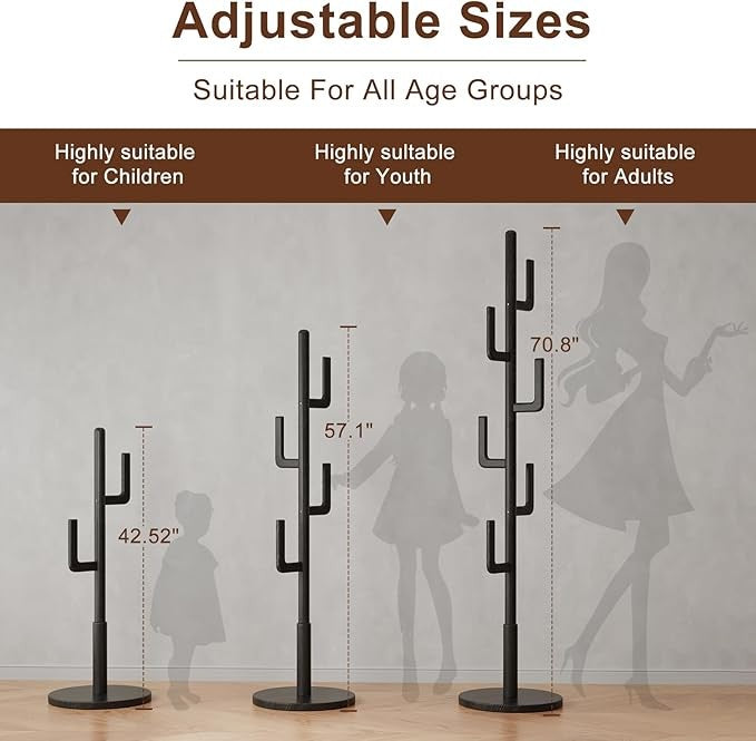 Black Wooden Coat Rack Stand | Modern Cactus Design Hall Tree with 6 Hooks